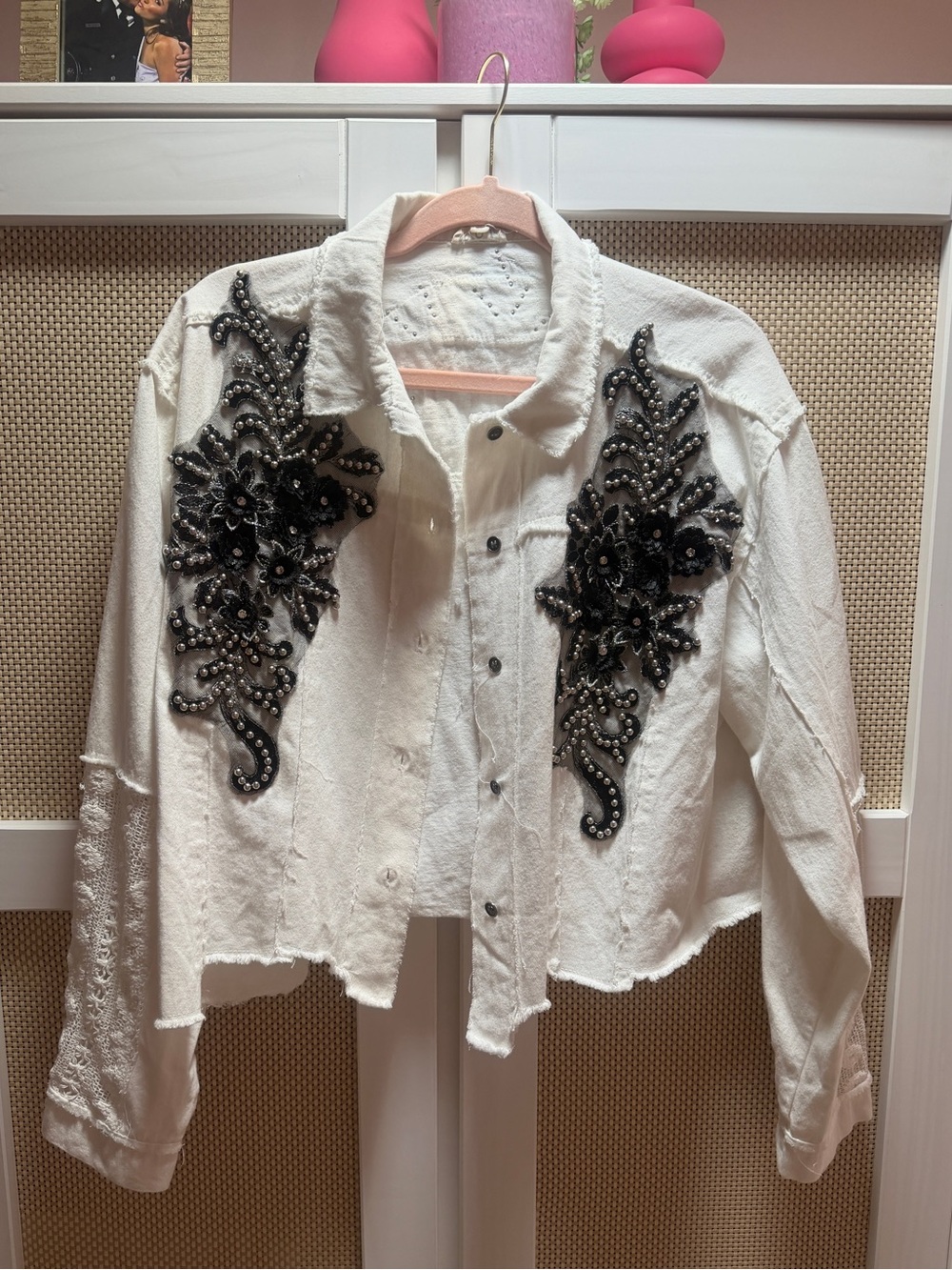POL White Distressed Jacket with Black Beaded Floral Appliqué
